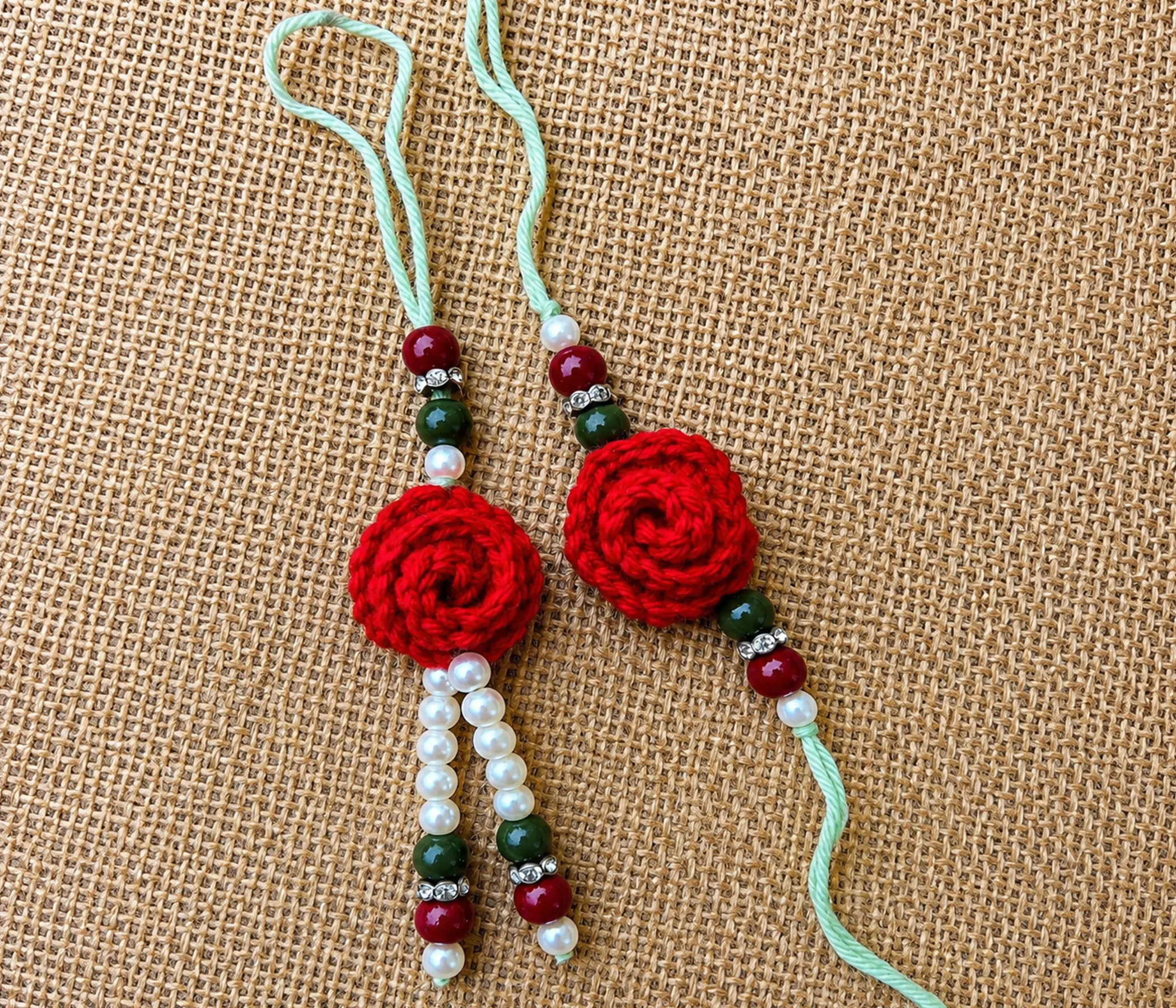 Handmade Crochet Red Floral Rakhi Set for Raksha Bandhan
